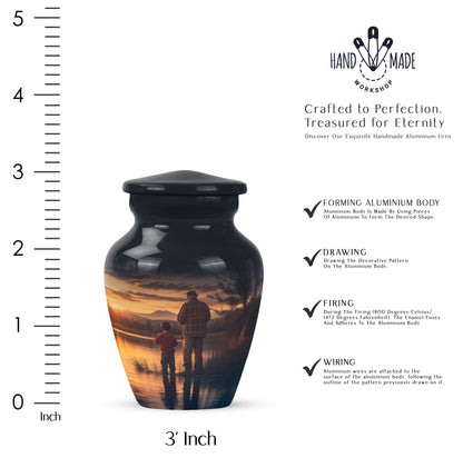 Sky Blue Fishing Cremation Urn close-up of engraving and surface detail - timeless fishing motif etched into premium metal - mini keepsake memorial for portion of cremation ashes