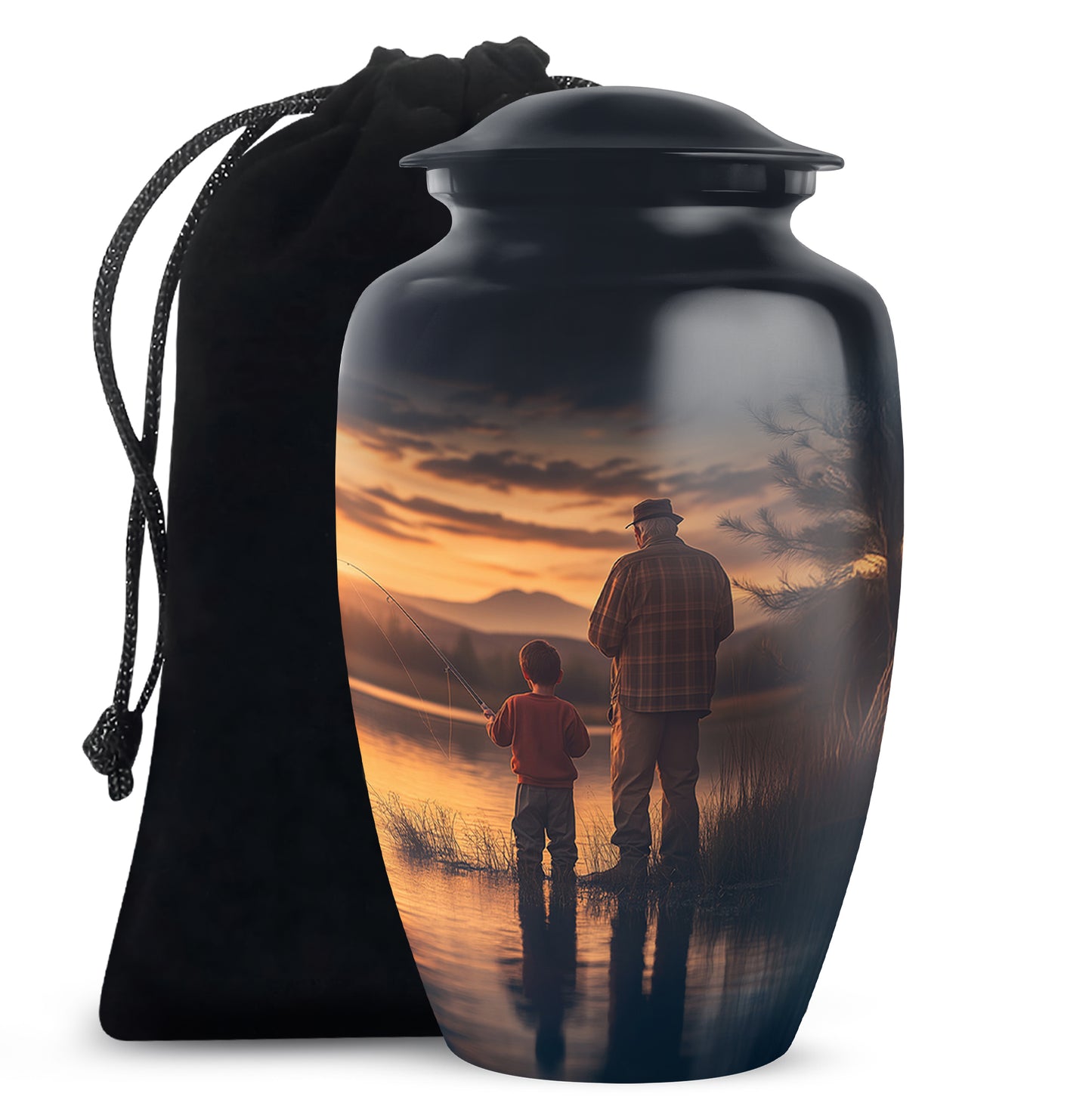 Dusty Blue Fishing Cremation Urn angled view of lid and engraved motif - classic sculpted fishing pattern on smooth aluminum - full-size 10 inch 200 cubic inch adult cremation urn
