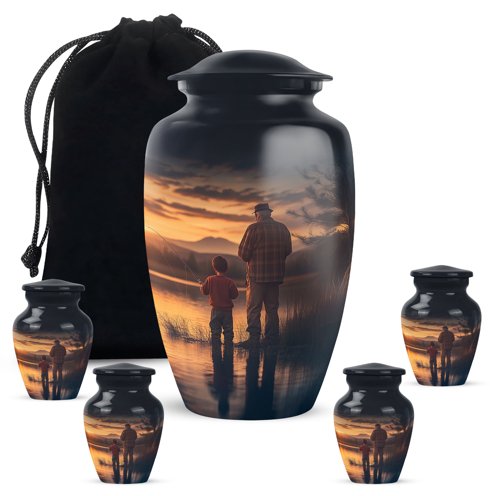 Serene Blue Fishing Cremation Urn top-down view of secure threaded lid - elegant classic fishing relief with fine detailing - memorial set with one large and four small urns
