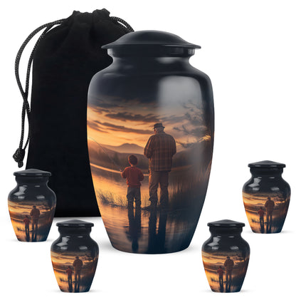 Serene Blue Fishing Cremation Urn top-down view of secure threaded lid - elegant classic fishing relief with fine detailing - memorial set with one large and four small urns