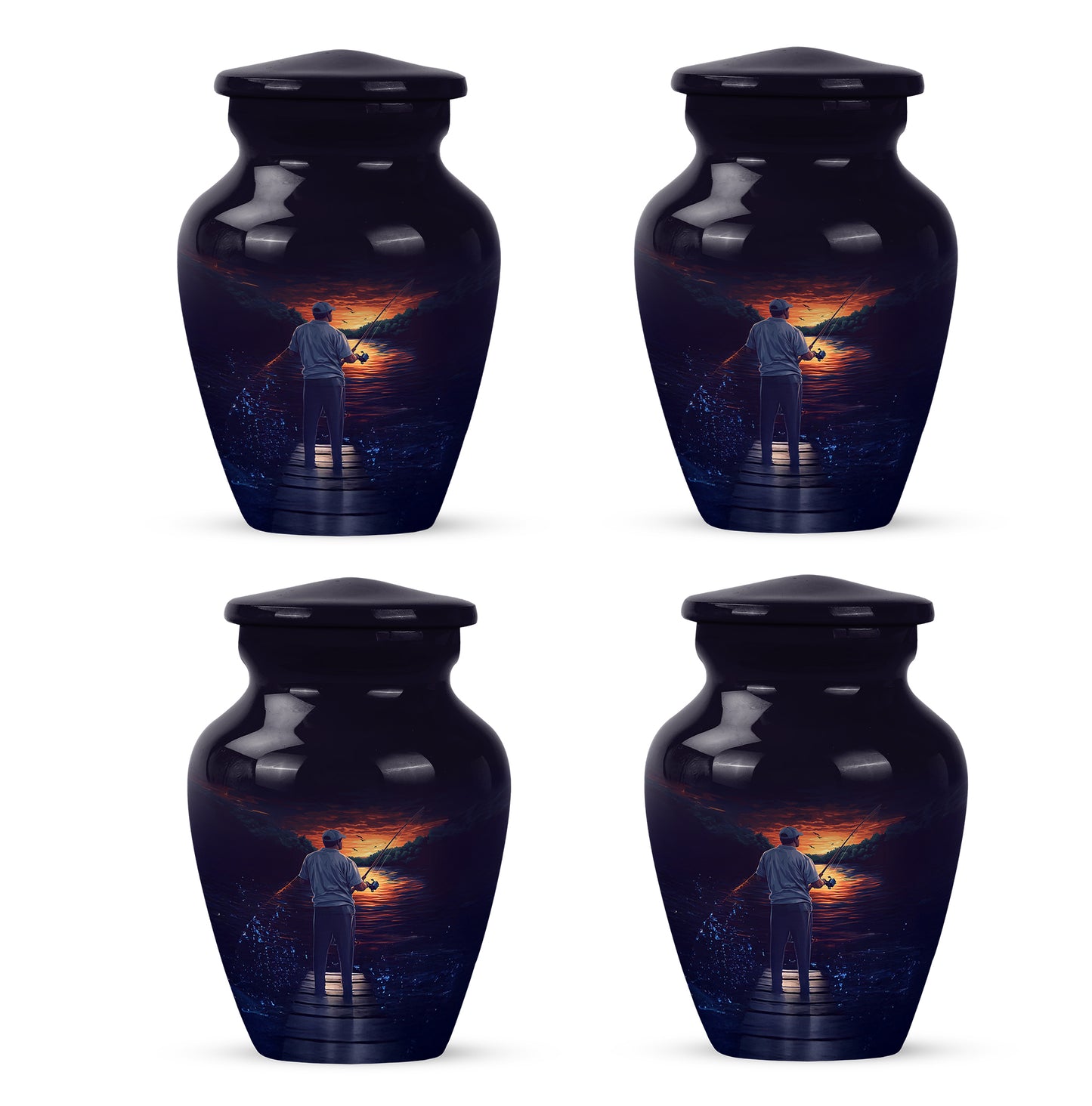 Indigo Fishing Cremation Urn side profile showing urn shape - timeless fishing motif etched into premium metal - 10 inch aluminum urn for cremated remains