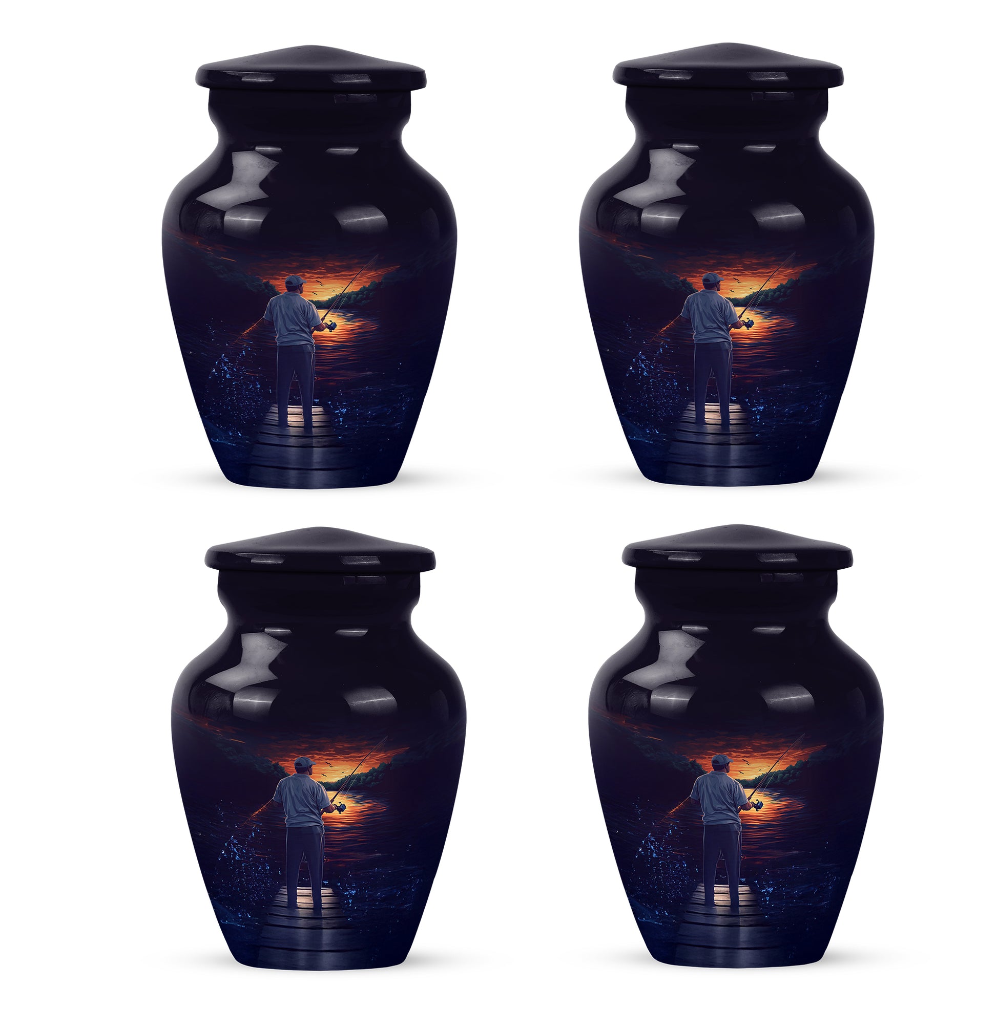 Indigo Fishing Cremation Urn side profile showing urn shape - timeless fishing motif etched into premium metal - 10 inch aluminum urn for cremated remains