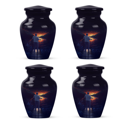 Indigo Fishing Cremation Urn side profile showing urn shape - timeless fishing motif etched into premium metal - 10 inch aluminum urn for cremated remains