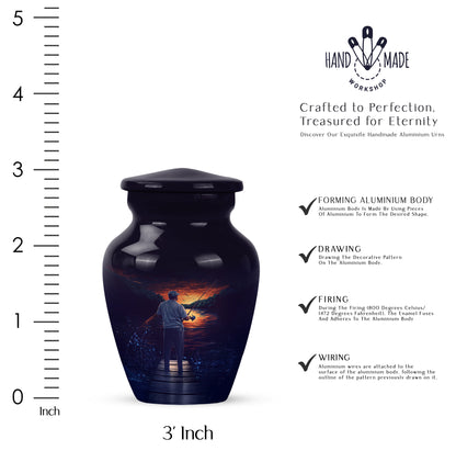 Indigo Fishing Cremation Urn close-up of engraving and surface detail - classic sculpted fishing pattern on smooth aluminum - mini keepsake memorial for portion of cremation ashes