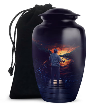 Celestial Blue Fishing Cremation Urn angled view of lid and engraved motif - classic sculpted fishing pattern on smooth aluminum - full-size 10 inch 200 cubic inch adult cremation urn