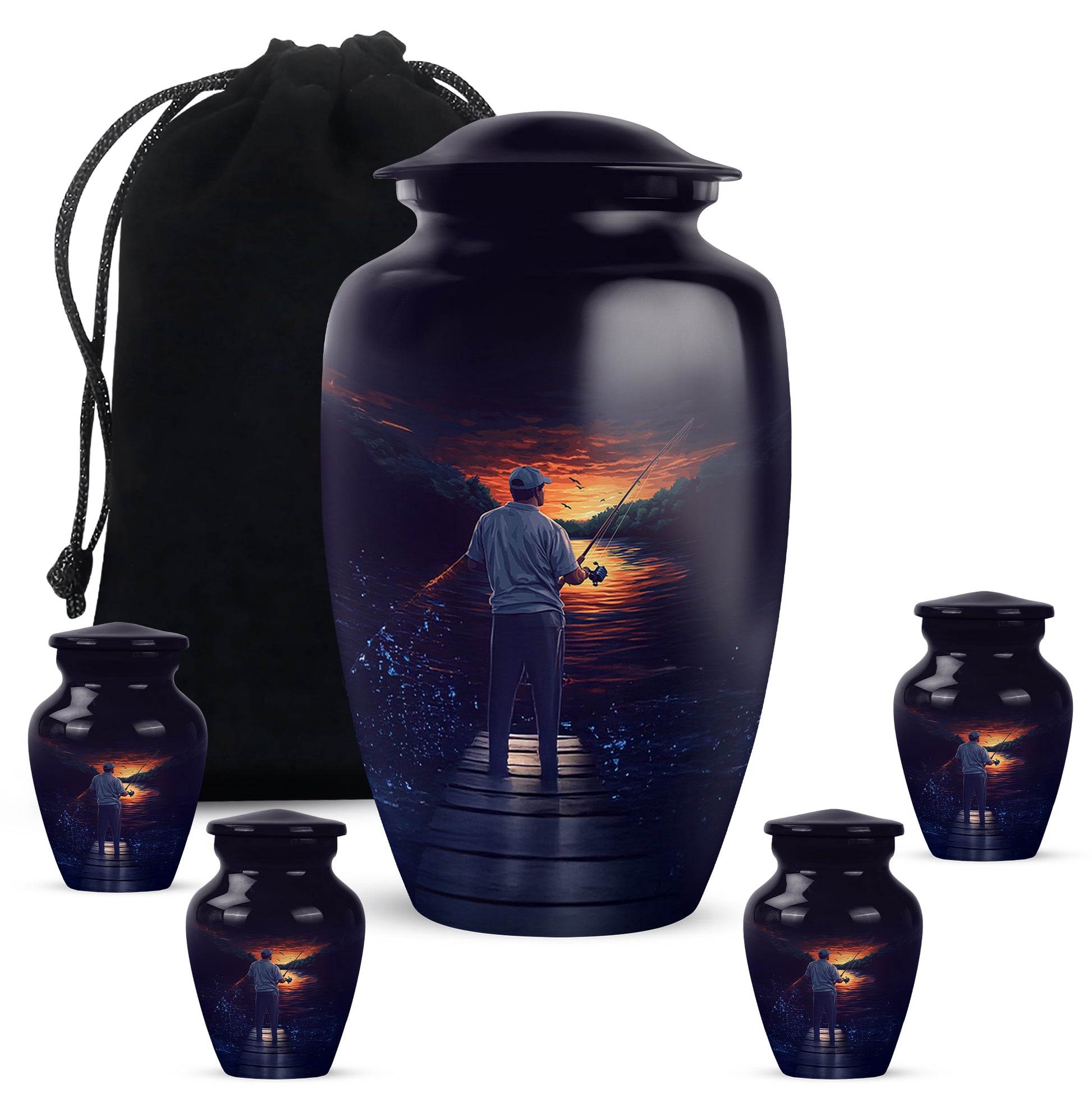 Indigo Fishing Cremation Urn top-down view of secure threaded lid - timeless fishing motif etched into premium metal - memorial set with one large and four small urns