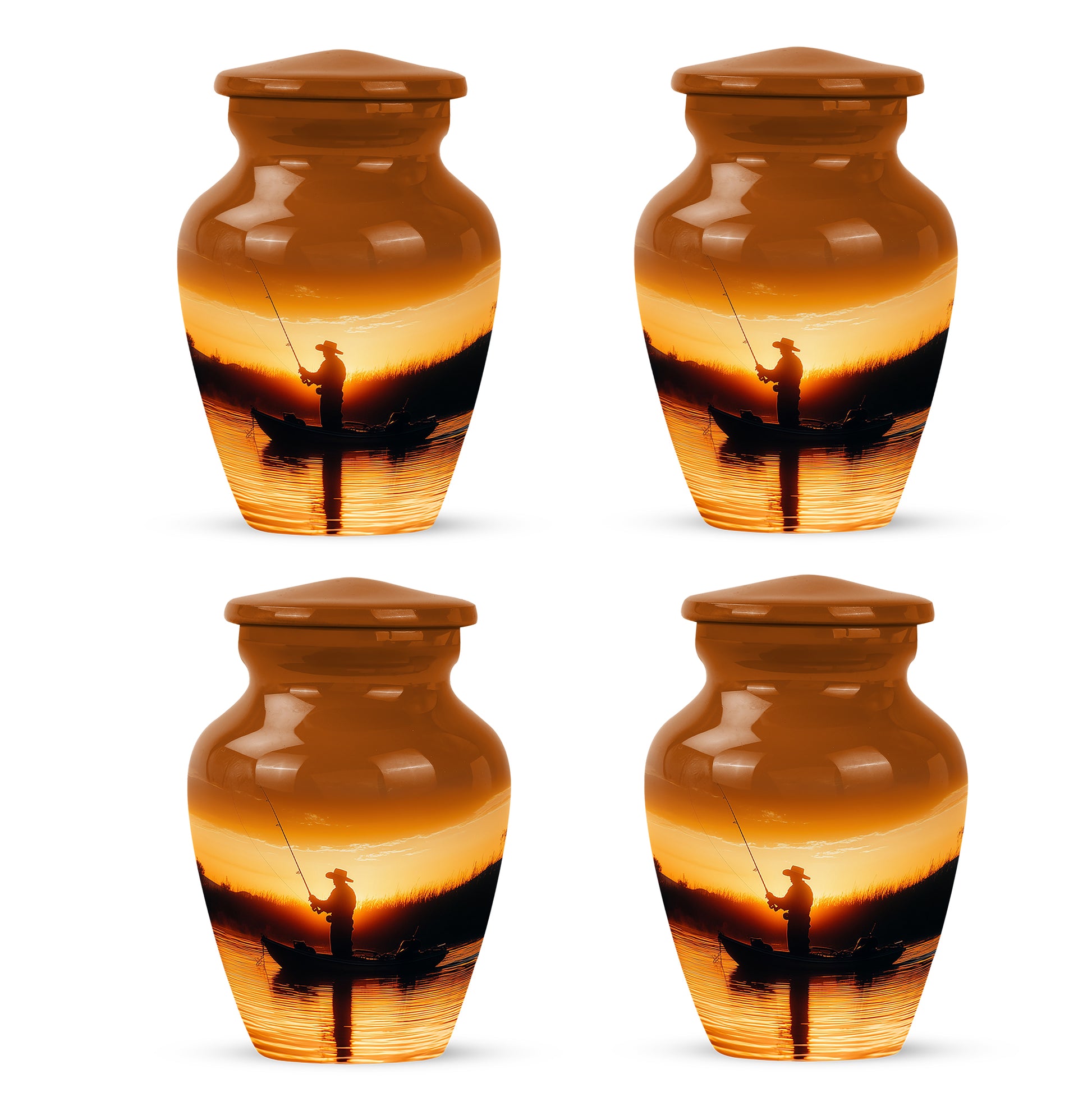 Matte Gold Fishing Cremation Urn side profile showing urn shape - elegant classic fishing relief with fine detailing - 10 inch aluminum urn for cremated remains