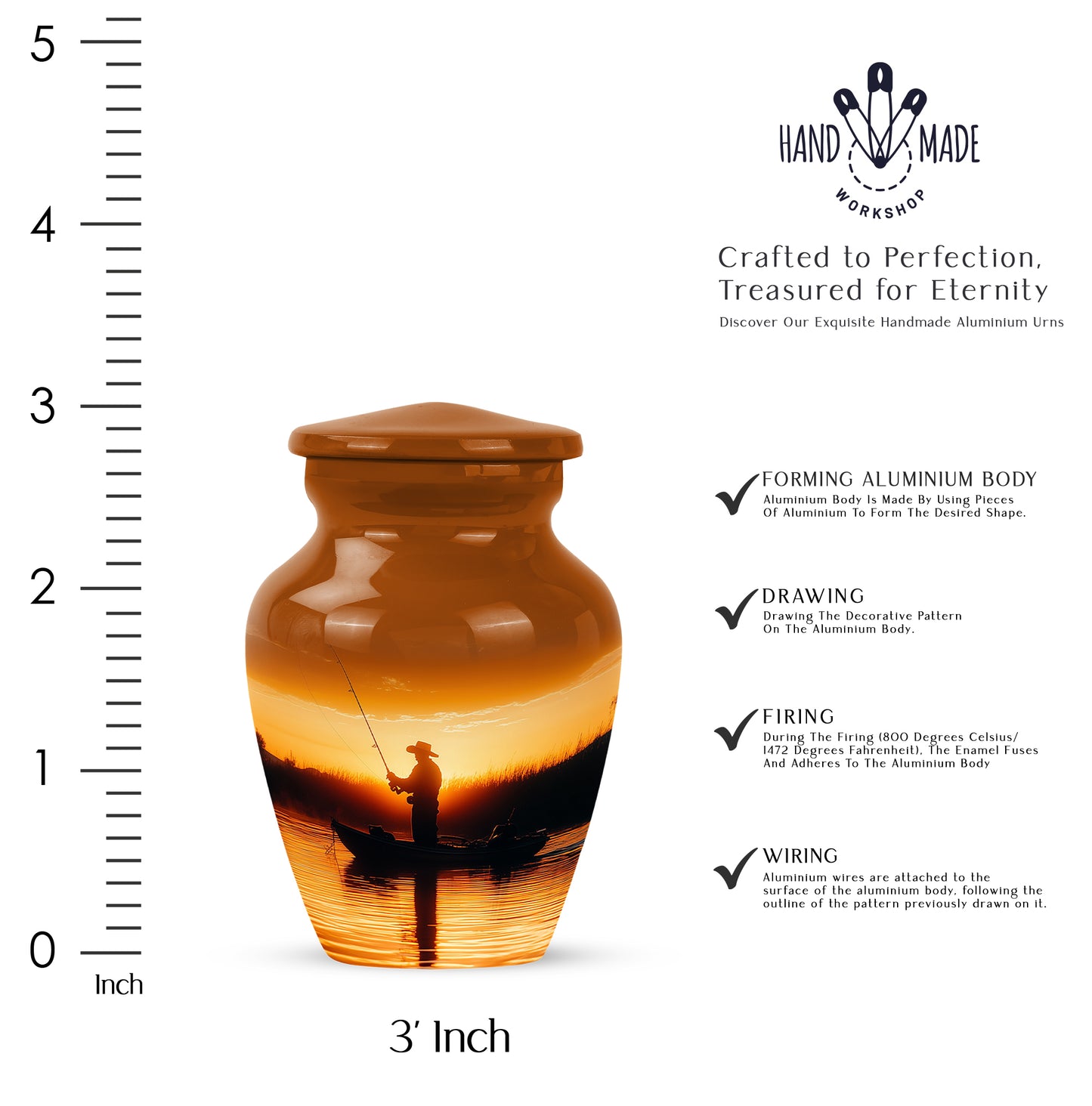 Matte Gold Fishing Cremation Urn close-up of engraving and surface detail - traditional fishing engraving with hand-polished finish - mini keepsake memorial for portion of cremation ashes