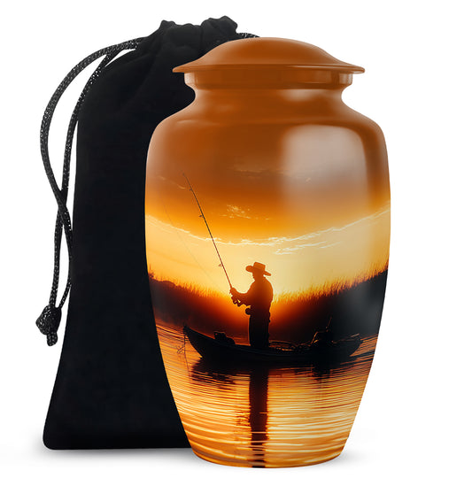 Champagne Gold Fishing Cremation Urn angled view of lid and engraved motif - timeless fishing motif etched into premium metal - full-size 10 inch 200 cubic inch adult cremation urn