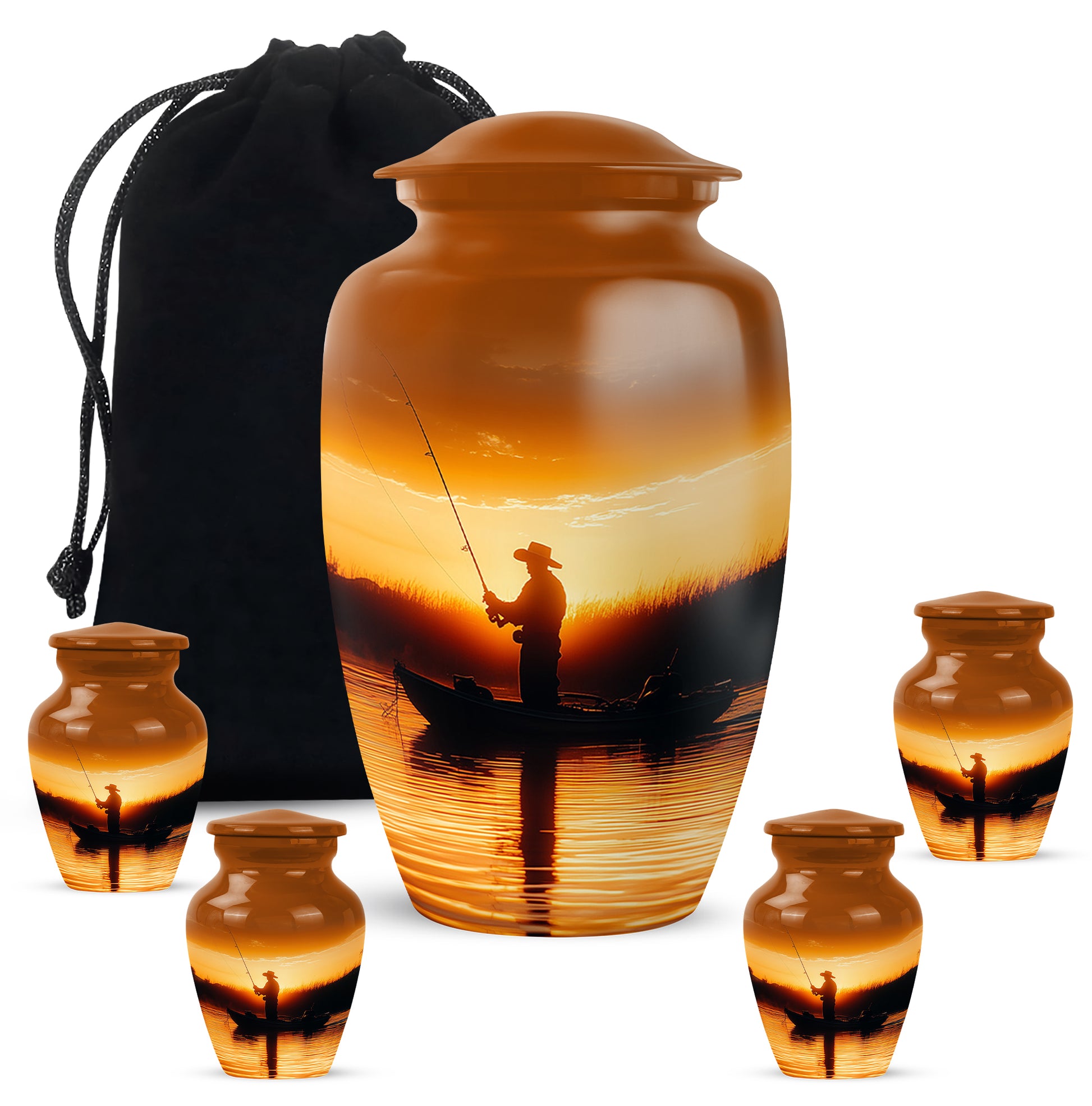 Champagne Gold Fishing Cremation Urn top-down view of secure threaded lid - classic sculpted fishing pattern on smooth aluminum - memorial set with one large and four small urns
