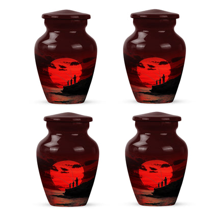 Garnet Red Fishing Cremation Urn side profile showing urn shape - classic sculpted fishing pattern on smooth aluminum - 10 inch aluminum urn for cremated remains