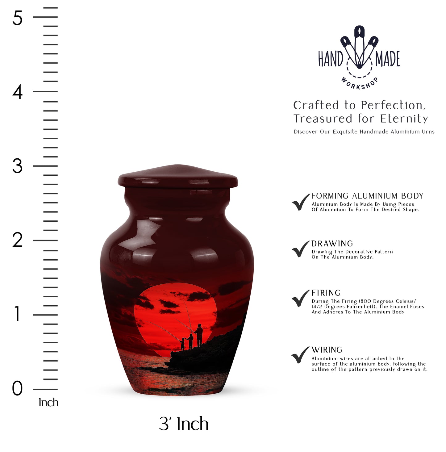 Ruby Red Fishing Cremation Urn close-up of engraving and surface detail - traditional fishing engraving with hand-polished finish - mini keepsake memorial for portion of cremation ashes