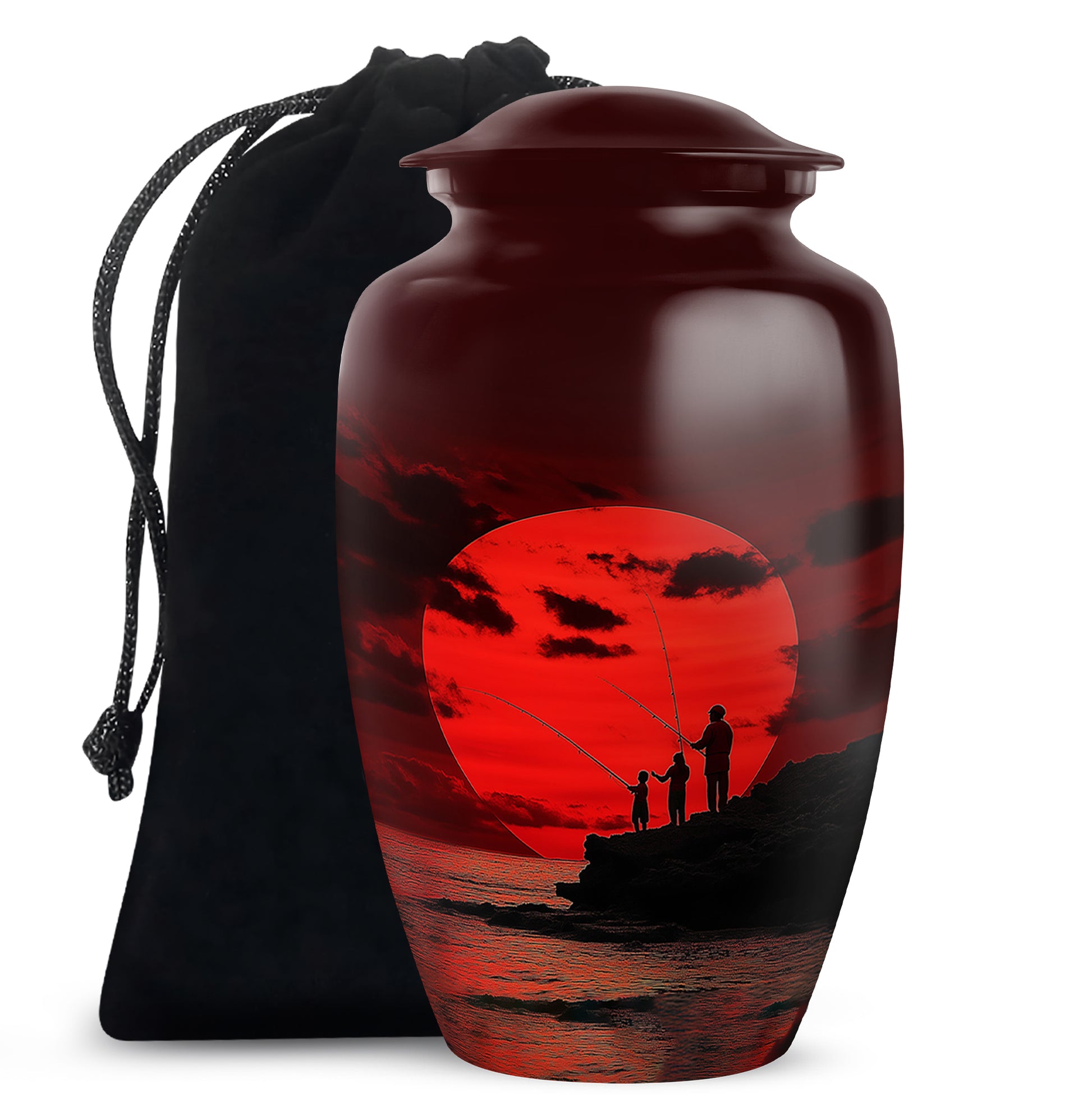 Burgundy Red Fishing Cremation Urn angled view of lid and engraved motif - classic sculpted fishing pattern on smooth aluminum - full-size 10 inch 200 cubic inch adult cremation urn