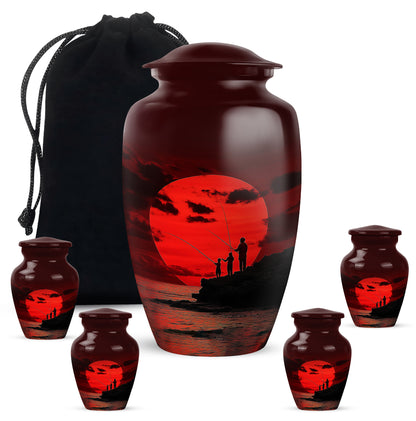 Cherry Red Fishing Cremation Urn top-down view of secure threaded lid - traditional fishing engraving with hand-polished finish - memorial set with one large and four small urns