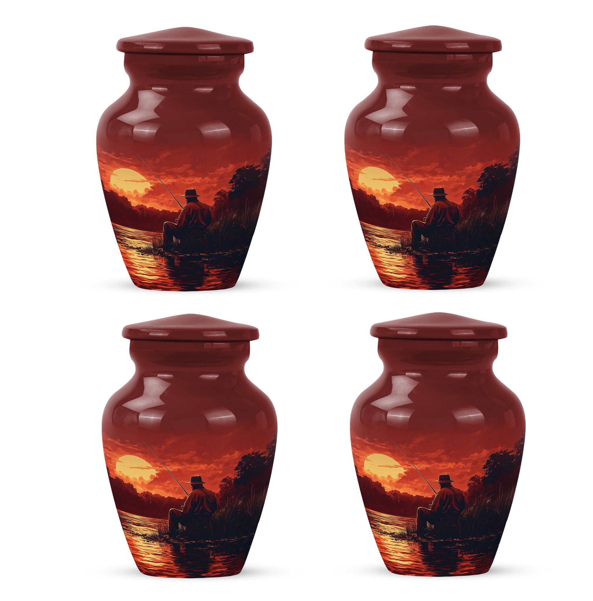 Fiery Red Fishing Cremation Urn side profile showing urn shape - traditional fishing engraving with hand-polished finish - 10 inch aluminum urn for cremated remains