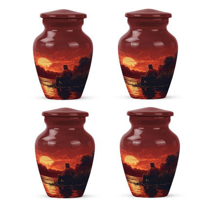 Fiery Red Fishing Cremation Urn side profile showing urn shape - traditional fishing engraving with hand-polished finish - 10 inch aluminum urn for cremated remains