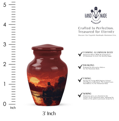 Ruby Red Fishing Cremation Urn close-up of engraving and surface detail - traditional fishing engraving with hand-polished finish - mini keepsake memorial for portion of cremation ashes