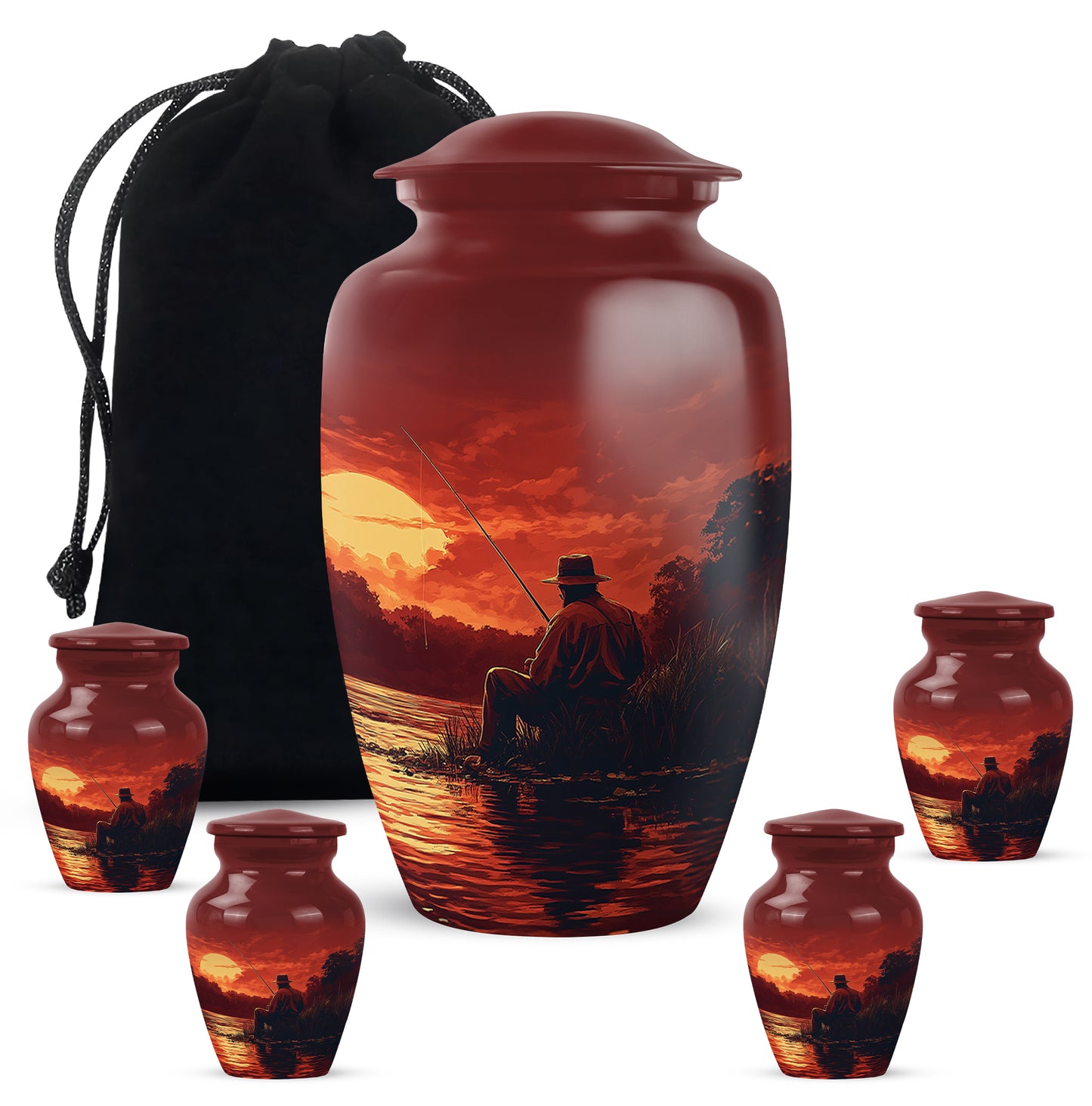 Rich Red Fishing Cremation Urn top-down view of secure threaded lid - elegant classic fishing relief with fine detailing - memorial set with one large and four small urns