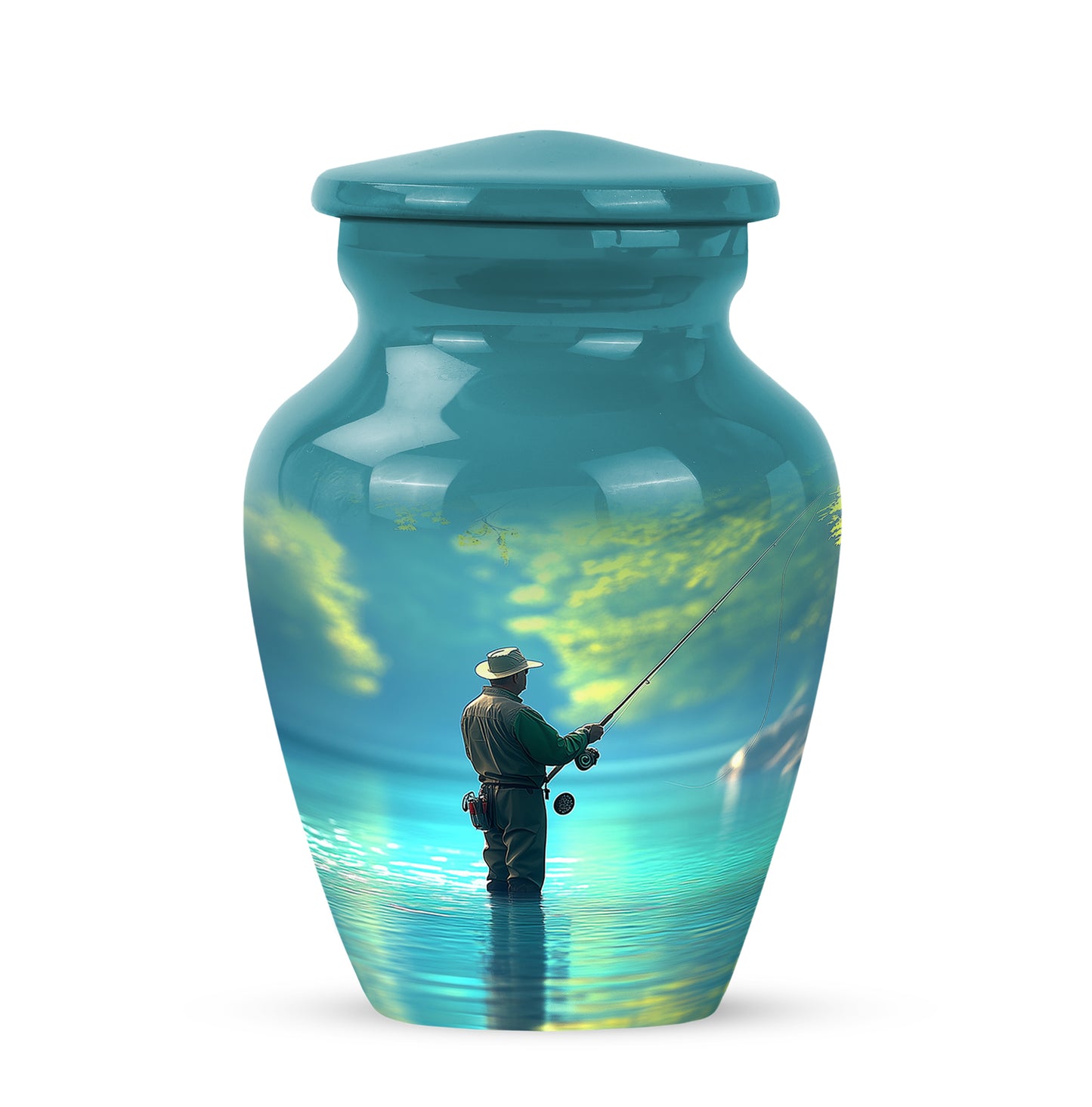 Teal Resounding Fishing Memorial Urn for Ashes - 10-inch, 200 cu in - Yatskia