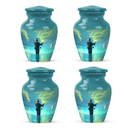Deep Teal Fishing Cremation Urn side profile showing urn shape - elegant classic fishing relief with fine detailing - 10 inch aluminum urn for cremated remains
