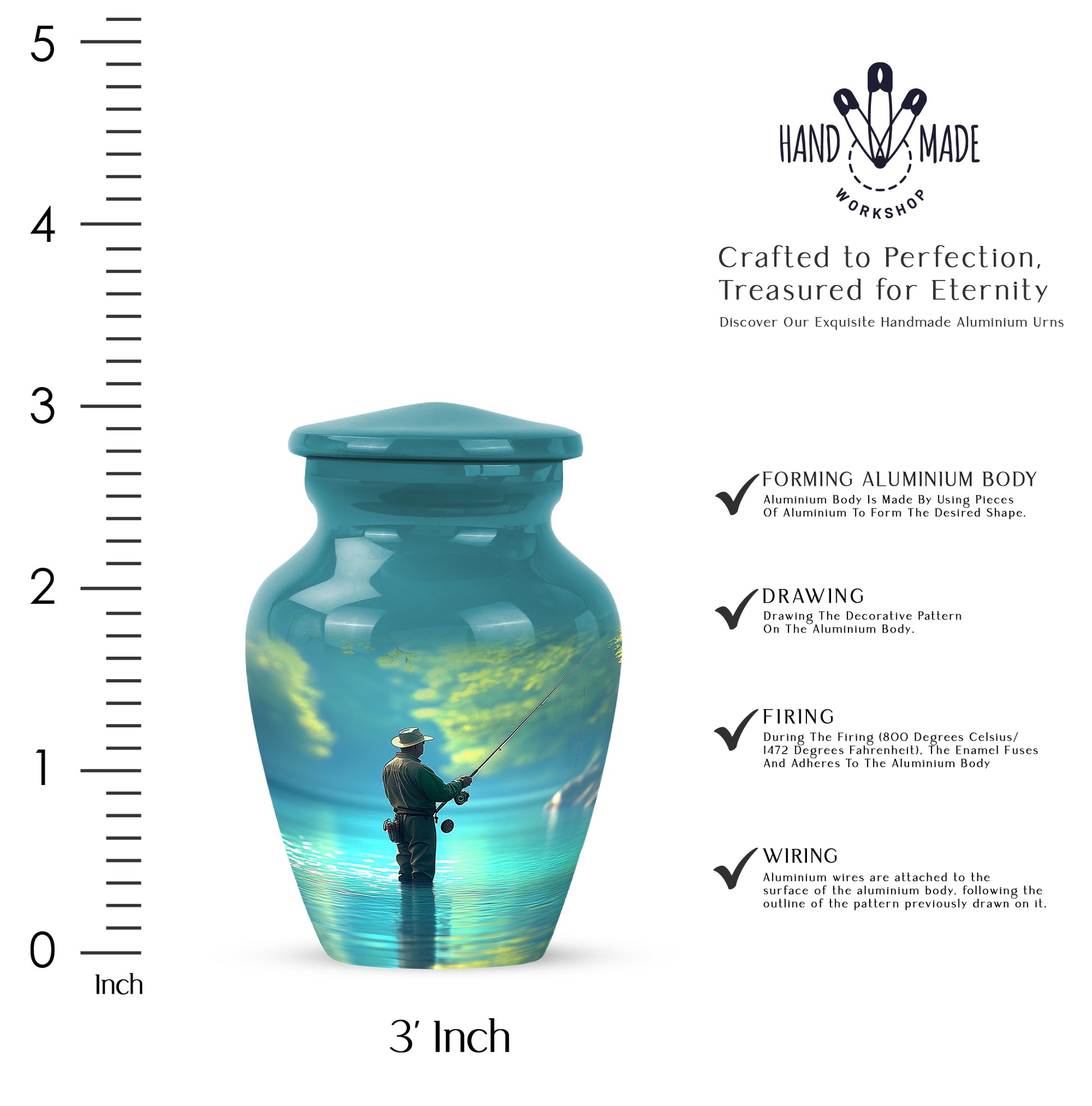 Jewel Teal Fishing Cremation Urn close-up of engraving and surface detail - classic sculpted fishing pattern on smooth aluminum - mini keepsake memorial for portion of cremation ashes