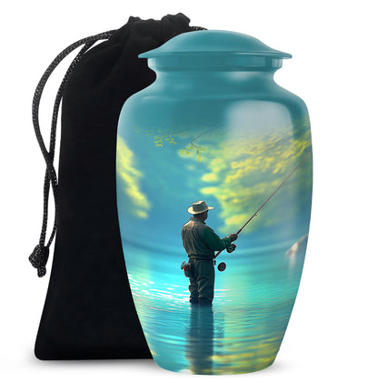 Mystic Teal Fishing Cremation Urn angled view of lid and engraved motif - elegant classic fishing relief with fine detailing - full-size 10 inch 200 cubic inch adult cremation urn