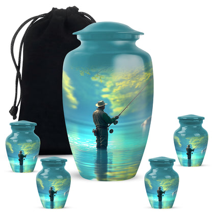 Cool Teal Fishing Cremation Urn top-down view of secure threaded lid - classic sculpted fishing pattern on smooth aluminum - memorial set with one large and four small urns