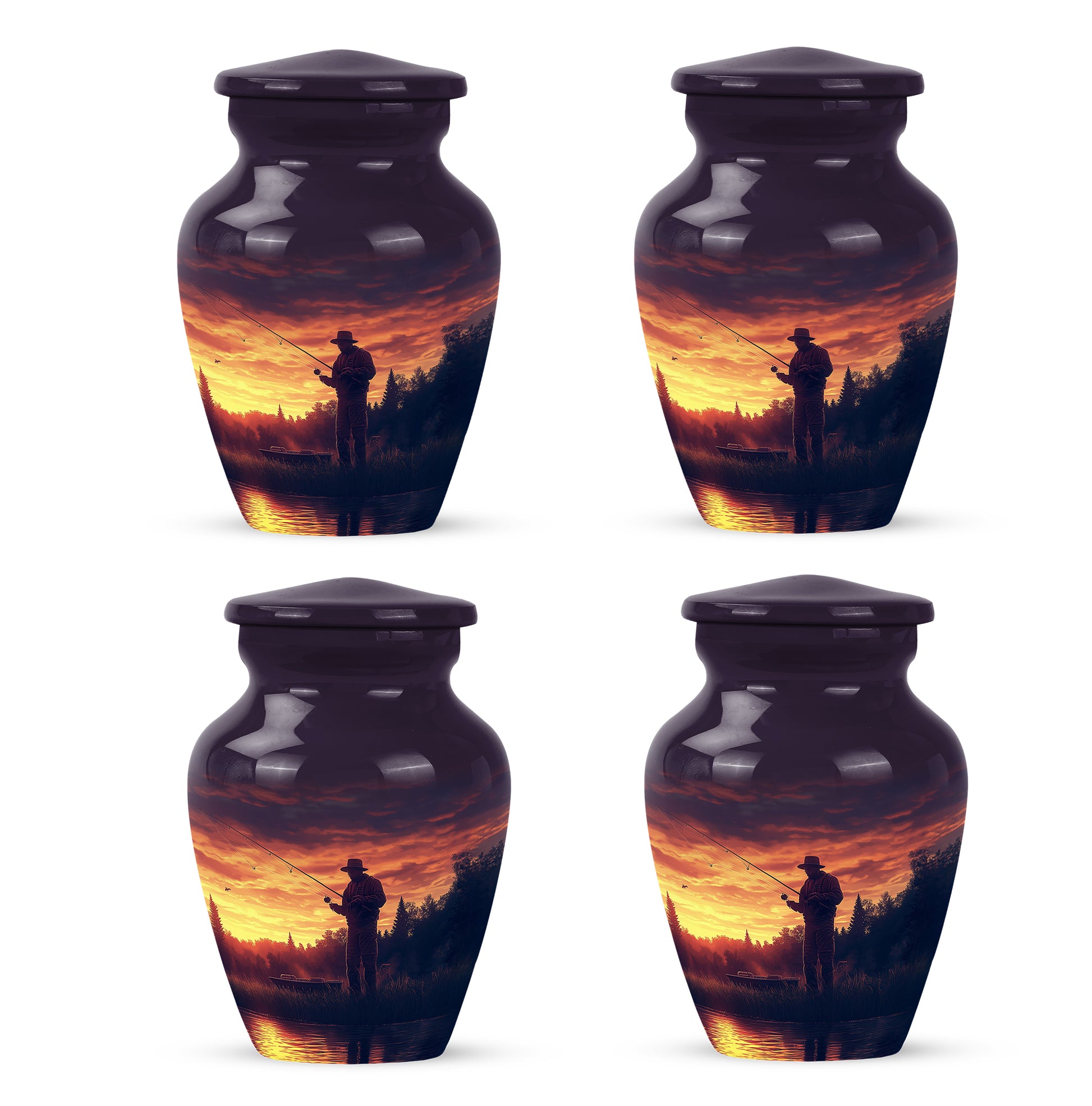 Majestic Purple Fishing Cremation Urn side profile showing urn shape - classic sculpted fishing pattern on smooth aluminum - 10 inch aluminum urn for cremated remains