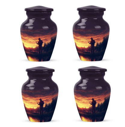 Majestic Purple Fishing Cremation Urn side profile showing urn shape - classic sculpted fishing pattern on smooth aluminum - 10 inch aluminum urn for cremated remains
