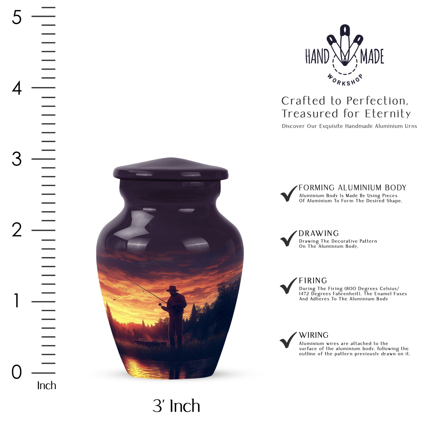 Lavender Purple Fishing Cremation Urn close-up of engraving and surface detail - elegant classic fishing relief with fine detailing - mini keepsake memorial for portion of cremation ashes