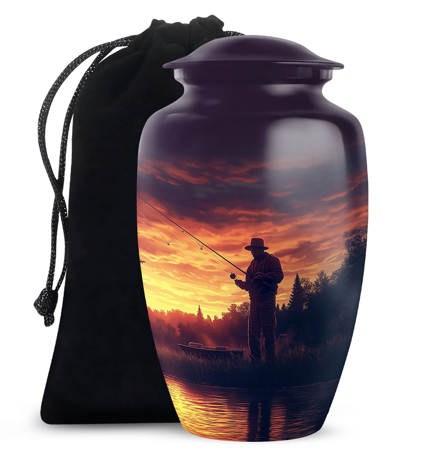 Violet Purple Fishing Cremation Urn angled view of lid and engraved motif - traditional fishing engraving with hand-polished finish - full-size 10 inch 200 cubic inch adult cremation urn