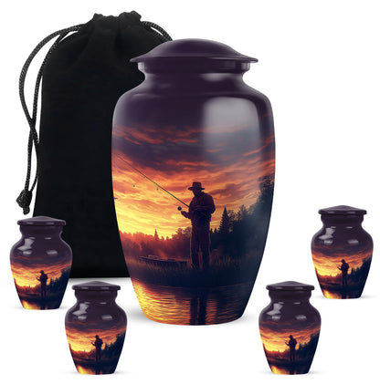 Royal Purple Fishing Cremation Urn top-down view of secure threaded lid - elegant classic fishing relief with fine detailing - memorial set with one large and four small urns