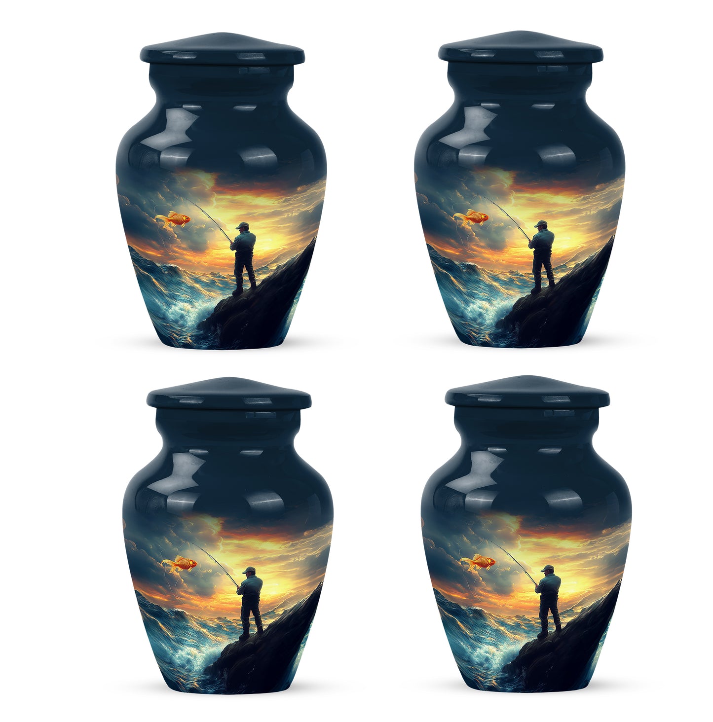 Indigo Fishing Cremation Urn side profile showing urn shape - timeless fishing motif etched into premium metal - 10 inch aluminum urn for cremated remains