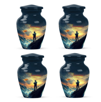 Indigo Fishing Cremation Urn side profile showing urn shape - timeless fishing motif etched into premium metal - 10 inch aluminum urn for cremated remains