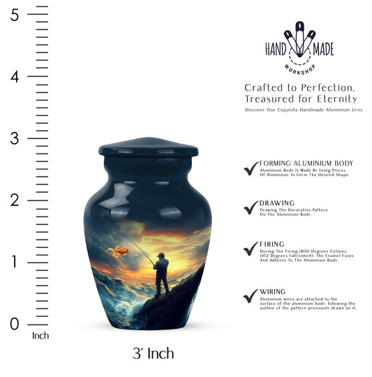Soft Blue Fishing Cremation Urn close-up of engraving and surface detail - elegant classic fishing relief with fine detailing - mini keepsake memorial for portion of cremation ashes