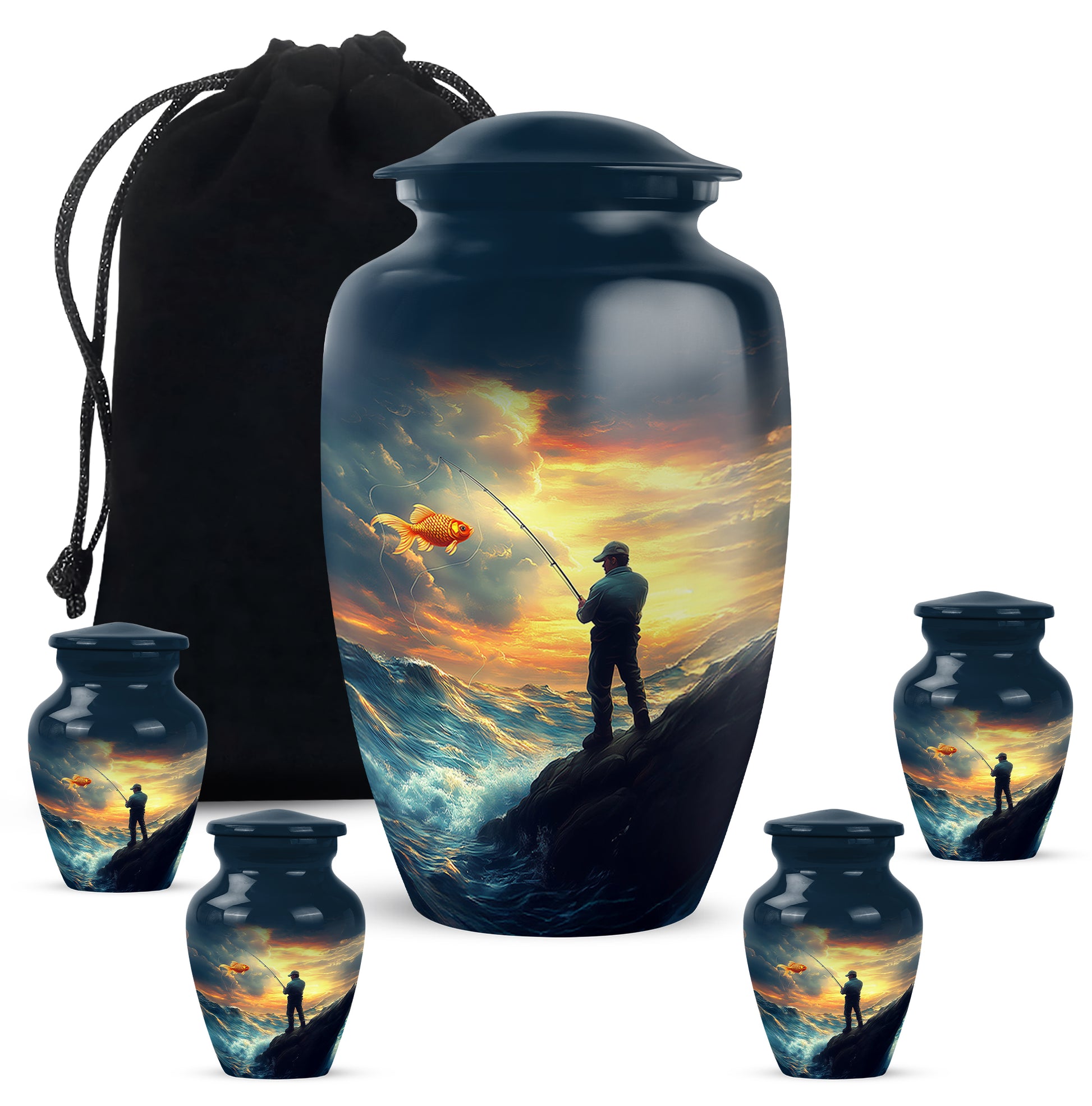 Indigo Fishing Cremation Urn top-down view of secure threaded lid - timeless fishing motif etched into premium metal - memorial set with one large and four small urns
