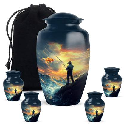 Indigo Fishing Cremation Urn top-down view of secure threaded lid - timeless fishing motif etched into premium metal - memorial set with one large and four small urns