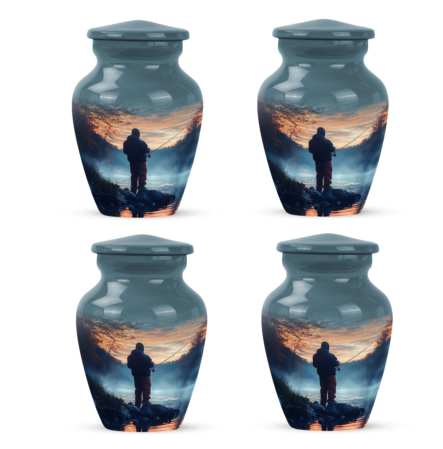 Icy Blue Fishing Cremation Urn side profile showing urn shape - timeless fishing motif etched into premium metal - 10 inch aluminum urn for cremated remains