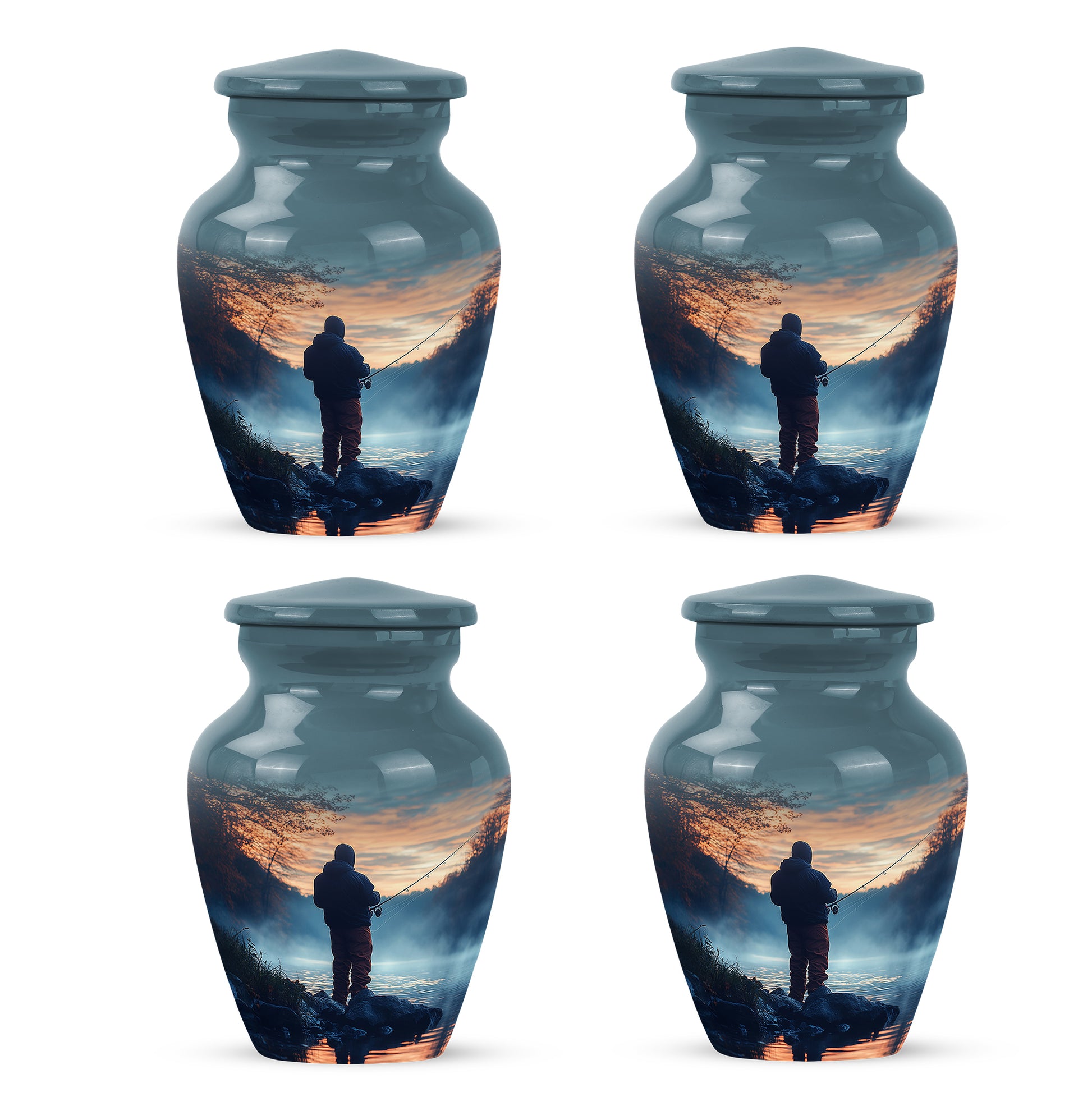 Icy Blue Fishing Cremation Urn side profile showing urn shape - timeless fishing motif etched into premium metal - 10 inch aluminum urn for cremated remains
