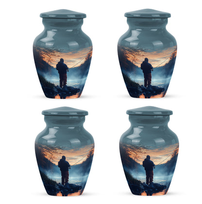 Icy Blue Fishing Cremation Urn side profile showing urn shape - timeless fishing motif etched into premium metal - 10 inch aluminum urn for cremated remains