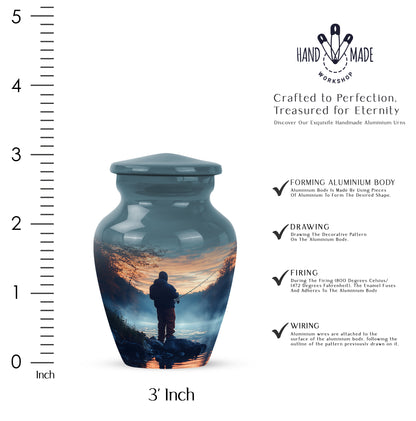 Icy Blue Fishing Cremation Urn close-up of engraving and surface detail - classic sculpted fishing pattern on smooth aluminum - mini keepsake memorial for portion of cremation ashes