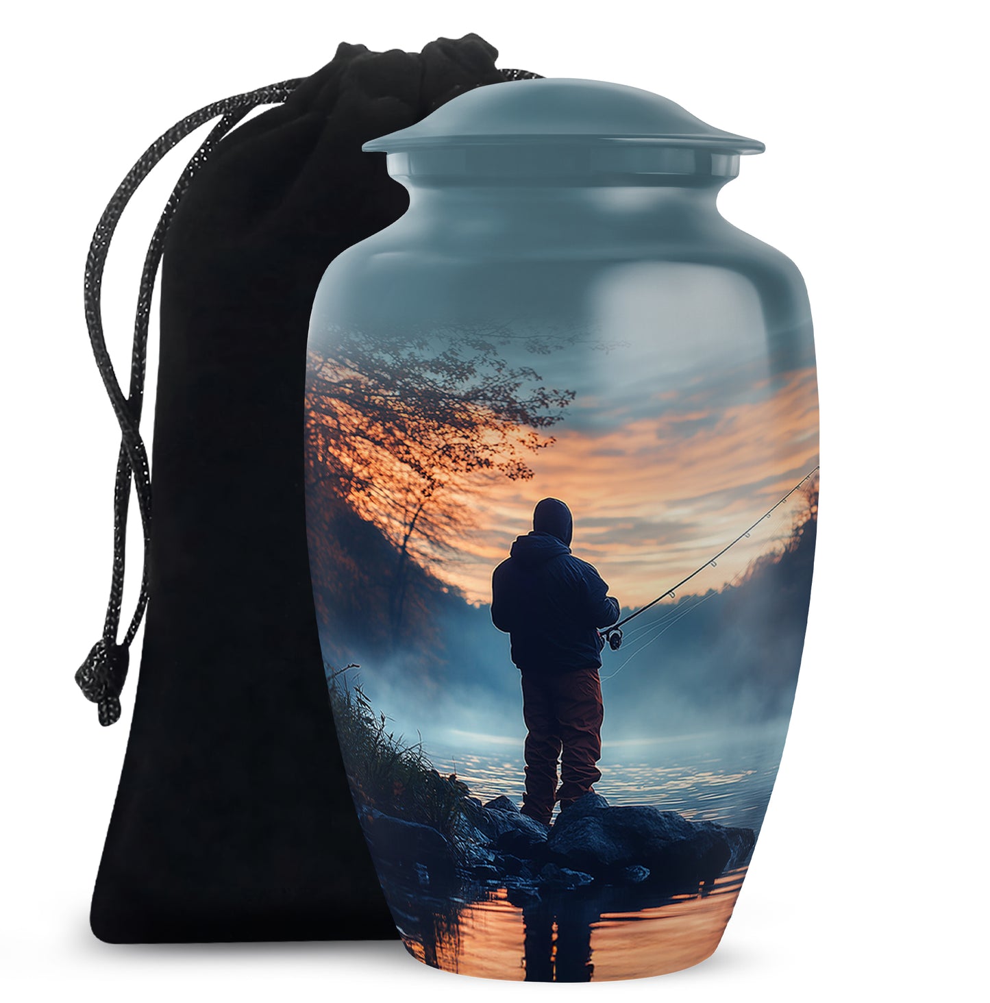 Bright Blue Fishing Cremation Urn angled view of lid and engraved motif - traditional fishing engraving with hand-polished finish - full-size 10 inch 200 cubic inch adult cremation urn