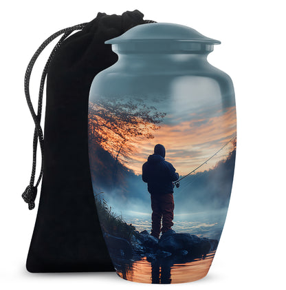 Bright Blue Fishing Cremation Urn angled view of lid and engraved motif - traditional fishing engraving with hand-polished finish - full-size 10 inch 200 cubic inch adult cremation urn