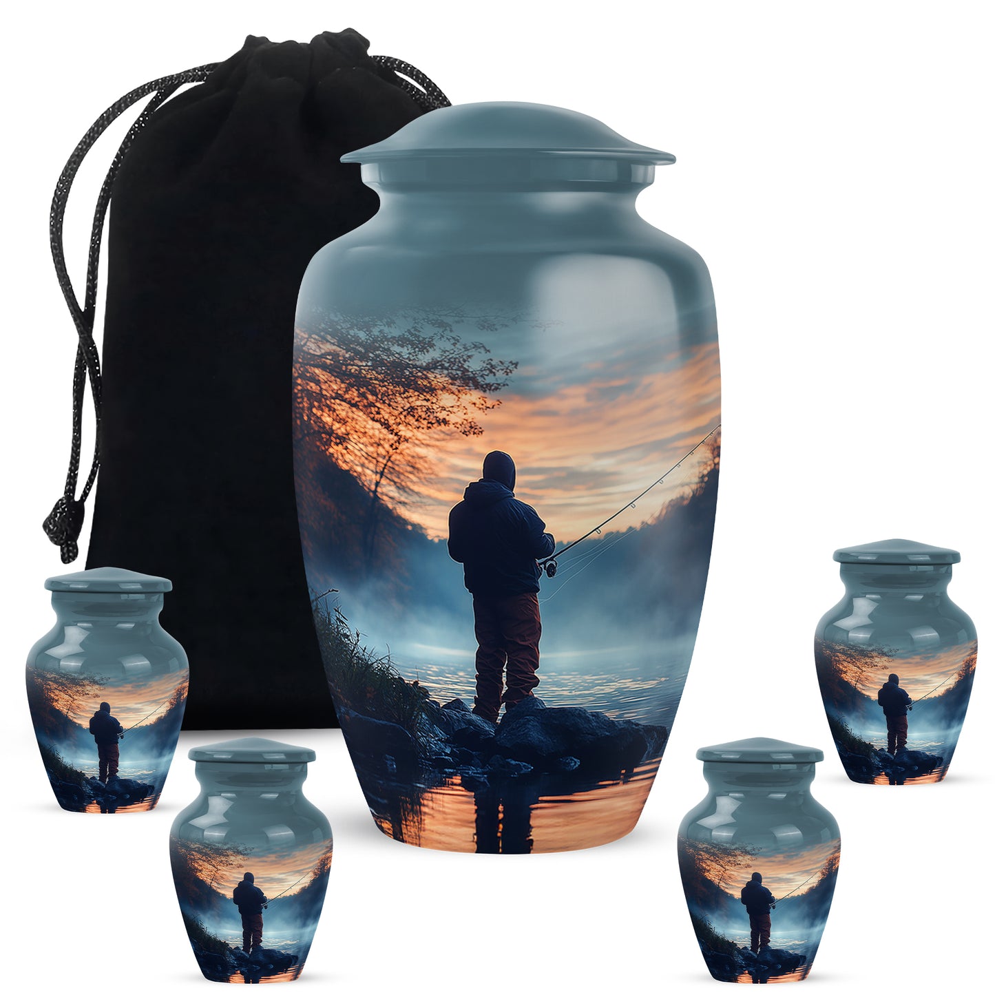 Steel Blue Fishing Cremation Urn top-down view of secure threaded lid - elegant classic fishing relief with fine detailing - memorial set with one large and four small urns