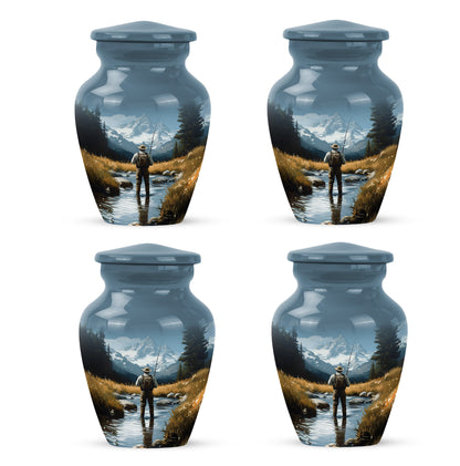 Cobalt Blue Fishing Cremation Urn side profile showing urn shape - elegant classic fishing relief with fine detailing - 10 inch aluminum urn for cremated remains