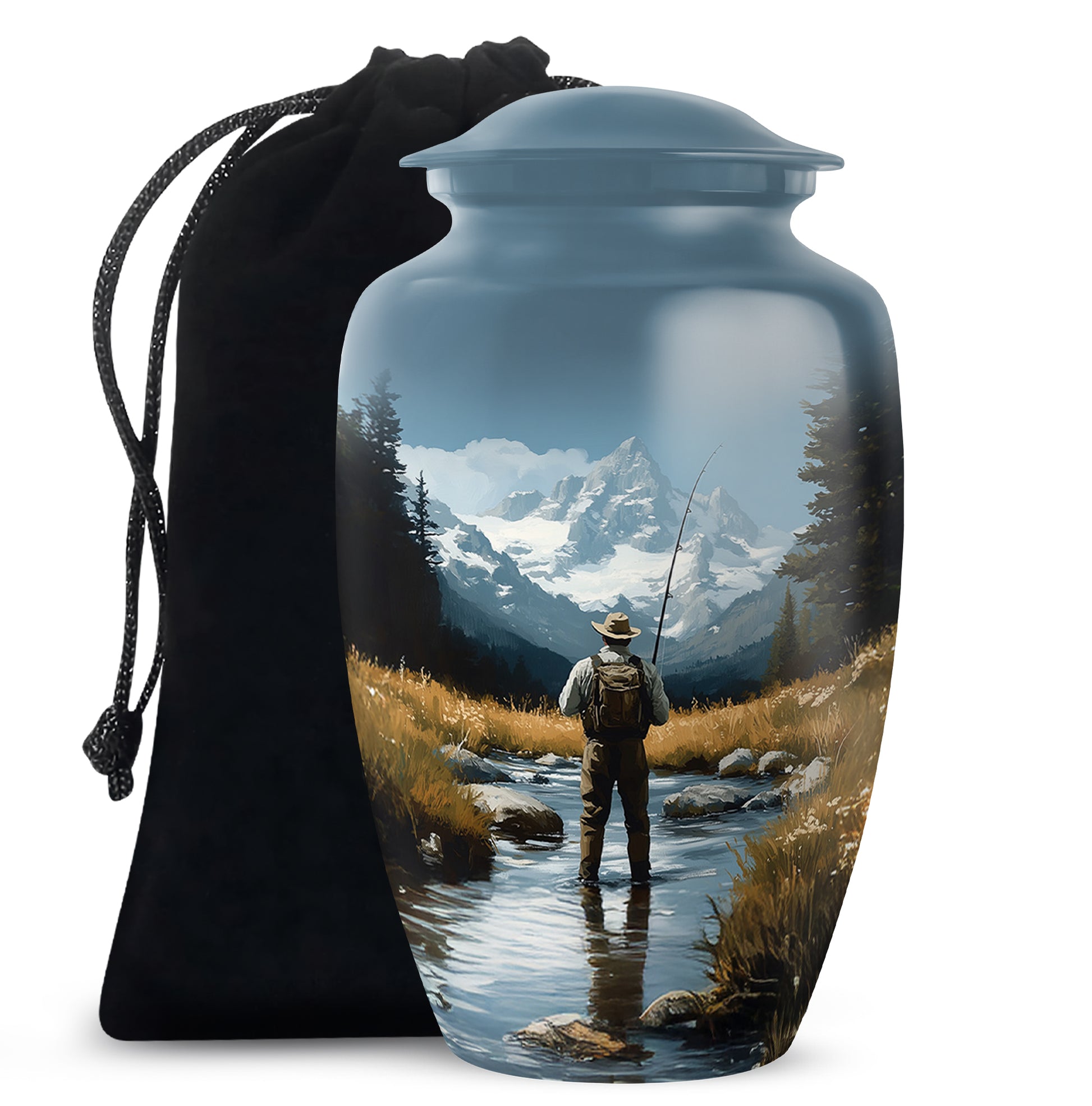 Vivid Blue Fishing Cremation Urn angled view of lid and engraved motif - traditional fishing engraving with hand-polished finish - full-size 10 inch 200 cubic inch adult cremation urn