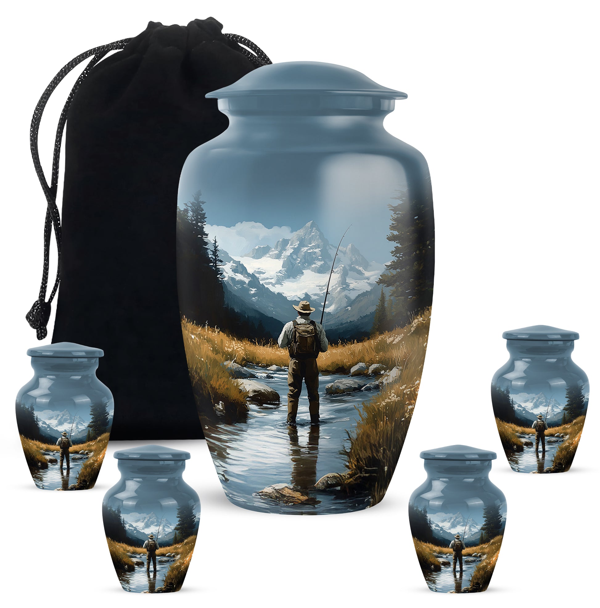 Pastel Blue Fishing Cremation Urn top-down view of secure threaded lid - classic sculpted fishing pattern on smooth aluminum - memorial set with one large and four small urns