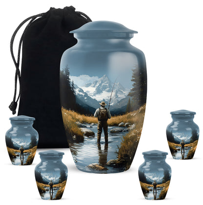 Pastel Blue Fishing Cremation Urn top-down view of secure threaded lid - classic sculpted fishing pattern on smooth aluminum - memorial set with one large and four small urns