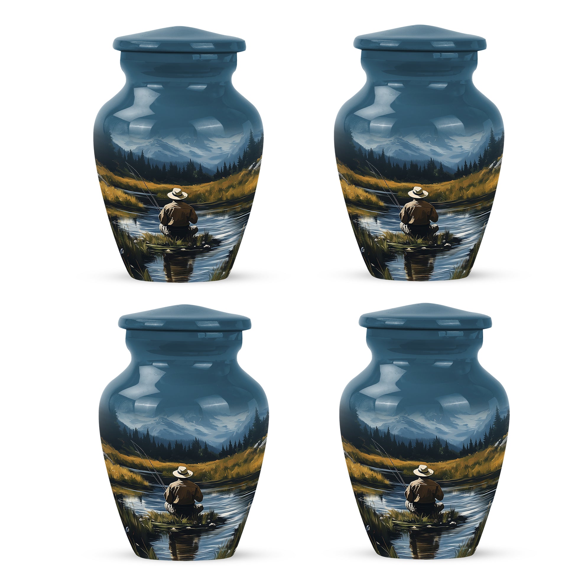 Sky Blue Fishing Cremation Urn side profile showing urn shape - timeless fishing motif etched into premium metal - 10 inch aluminum urn for cremated remains
