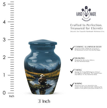 Azure Fishing Cremation Urn close-up of engraving and surface detail - classic sculpted fishing pattern on smooth aluminum - mini keepsake memorial for portion of cremation ashes